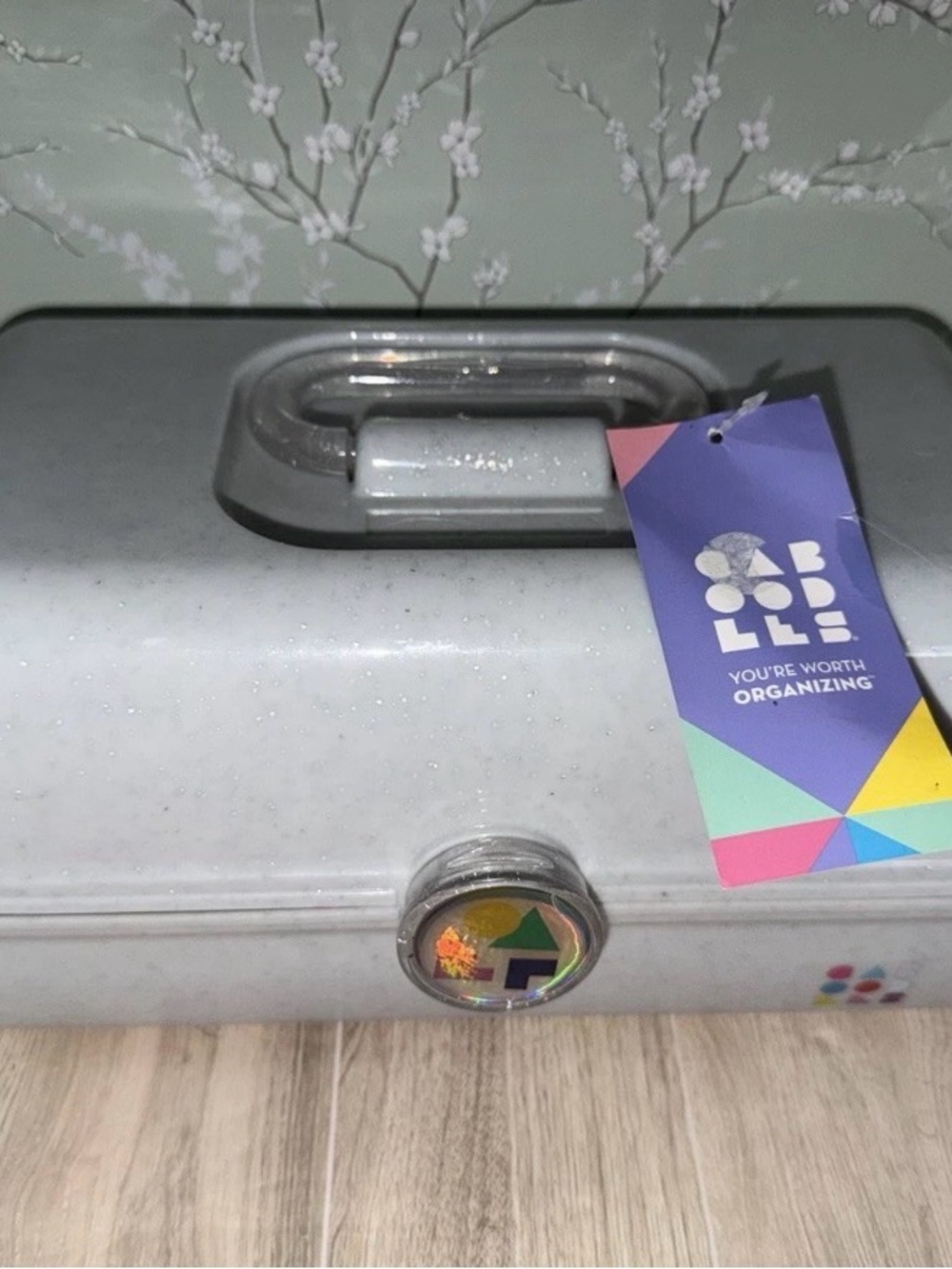 Caboodles Tote Makeup Case 2 - tier with tray Light Gray Sparkle Mirror 13x7x6